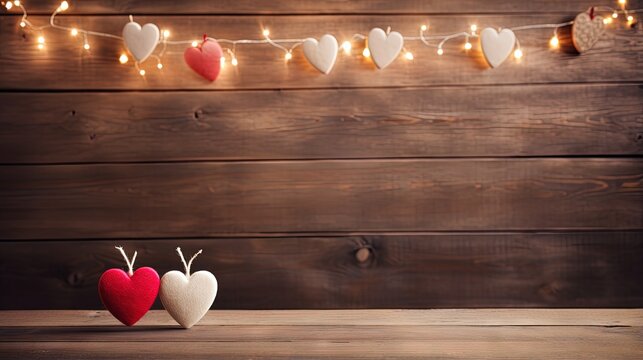 Valentines day concept with white coffee cups and heart shapes over rustic background with garland