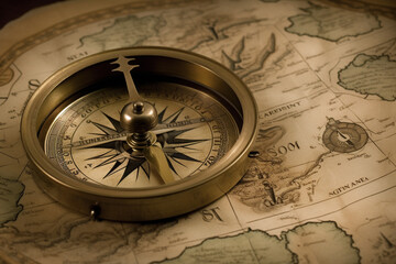Fototapeta na wymiar Travel, destination and history concept. Vintage compass placed on old and aged vintage map. Abstract background with copy space. Generative AI