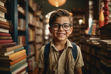 A boy smiles brightly in a study room full of books. - obrazy, fototapety, plakaty