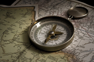 Fototapeta na wymiar Travel, destination and history concept. Vintage compass placed on old and aged vintage map. Abstract background with copy space. Generative AI