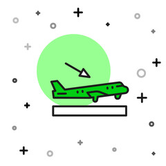 Filled outline Plane landing icon isolated on white background. Airplane transport symbol. Vector