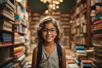A young girl smiles brightly in a study room full of books.