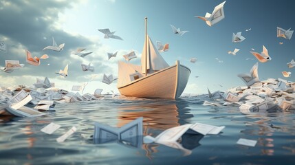 Business decision problem and inefficient strategy concept as a paper boat being lifted and drowned simultaneously as a financial indecision icon with 3D illustration elements. - obrazy, fototapety, plakaty