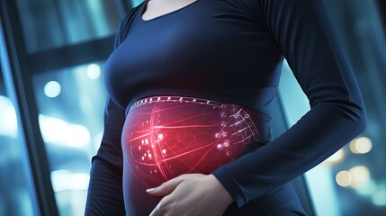 Close up of a belly with scar from c-section and abdominal fat. Women's health. A woman dressed up in sportswear demonstrating her imperfect body after a childbirth with nursery on the background. - obrazy, fototapety, plakaty