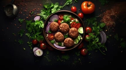 Gordijnen Bowl of raw vegan meat balls surrounded with vegetables on a dark tabletop flat lay. Veggie meatballs. © HN Works