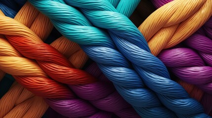 Colorful as diverse ropes connected together. Concept or metaphor of teamwork, collaboration and partnership successful
