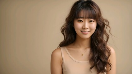 A korean young woman smiling, with wavy long hair and bangs in brown background  - obrazy, fototapety, plakaty