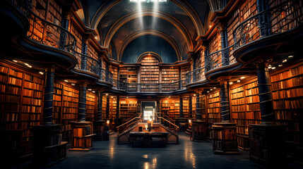 Interior shot of a grand library with lots of books. Generative AIa - obrazy, fototapety, plakaty