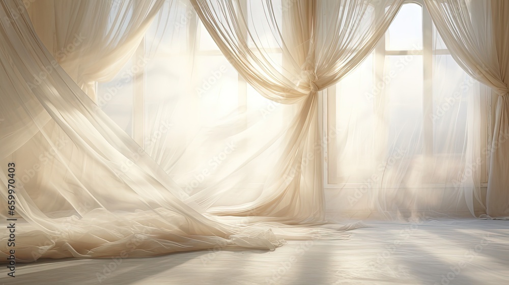 Poster transparent curtain on the window, gently moved by the wind. sunlight. sun's rays shine through the 