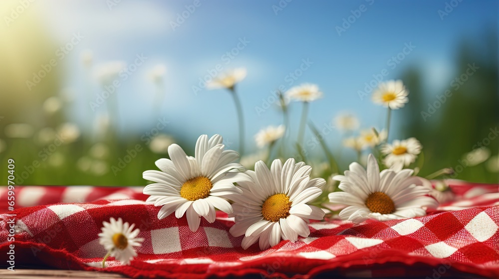 Poster red picnic cloth. red checked picnic blanket on a meadow with daisies in bloom. beautiful backdrop f