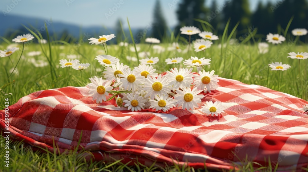 Poster red picnic cloth. red checked picnic blanket on a meadow with daisies in bloom. beautiful backdrop f