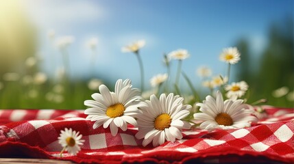 Red picnic cloth. Red checked picnic blanket on a meadow with daisies in bloom. Beautiful backdrop for your product placement or montage.