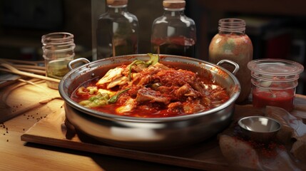 korean food, spicy meat pot on the table