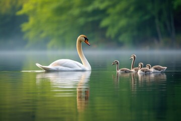 a pair of swans teaching their cygnets to swim on a calm lake