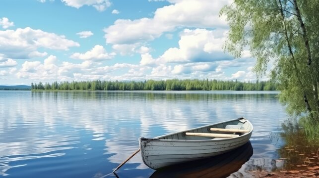 The beautiful landscape of a white simple wooden boat tied to a birch tree on the lake somewhere in the depths of Finland. Good summer day in nature. Concept vacation on the lake. Banner.