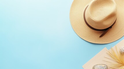 Fototapeta na wymiar Straw hat, map, plane, sunglasses and magnifying glass on pastel background. Summer holiday, vacation, travel concept. Flat lay, top view, copy space. Banner