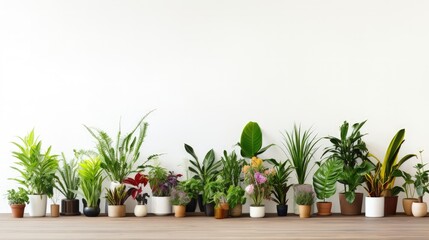 Many different houseplants on wooden table near white wall