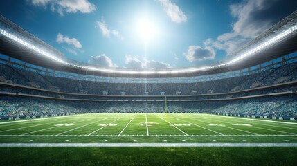 Dramatic 3D professional American football arena with green grass and rays of light - Powered by Adobe