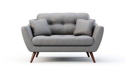 3d render of a 3d model of a gray small sofa with black legs isolated on a white background with a shadow under it. A design element for a furniture company's website. Modern, Scandinavian interior.