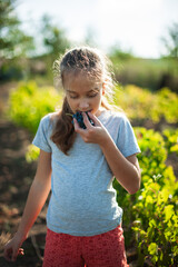 The cute caucasian girl tastes freshly picked grapes with pleasure. wearing a gray t-shirt with long hair