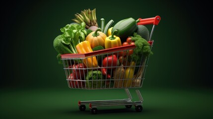 Shopping cart icon full of fresh groceries, online grocery shopping concept