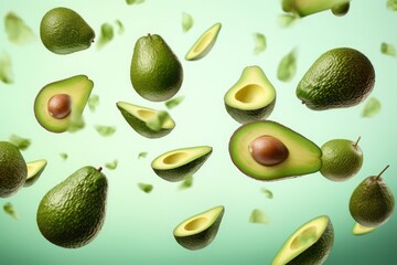 a clean detailed studio photo of green fresh raw ripe avocados flying in the air on pastel gradient background. Vegetable or fruit Food ingredient levitation.