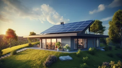 Foto op Canvas New ecologic house with solar panels Alternative to conventional energy. The battery is charged from a solar cell Advertisement Green energy Sustainable life Renewable © HN Works