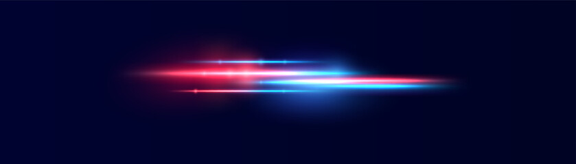 Realistic light effect, neon illumination in red and blue colors. Bright light lens. Police light effects, lines. Shiny stars, glowing sparks on a black background. Vector