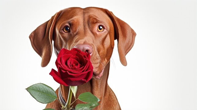 Beautiful red-haired vizsla dog holds a red rose in his mouth as a gift for Valentine's Day on a white background. Space for text. Vertical image