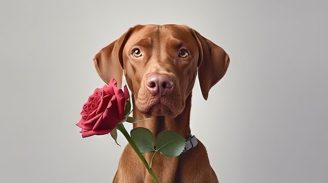 Beautiful red-haired vizsla dog holds a red rose in his mouth as a gift for Valentine's Day on a white background. Space for text. Vertical image
