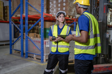 Distribution warehouse manager using tablet to check stock on storage shelf. Multiethnic man worker and colleague working together at storehouse discussing inventory as order. Diversity people talking