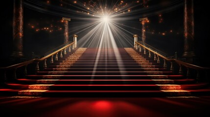Red carpet on the stairs on a dark background. The path to glory, victory and success