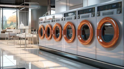 Fotobehang industrial washing machine Hotel laundry services Clothes dryer concept cleanliness and hospitality © HN Works