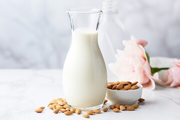 almond milk in a carafe, with whole almonds scattered around