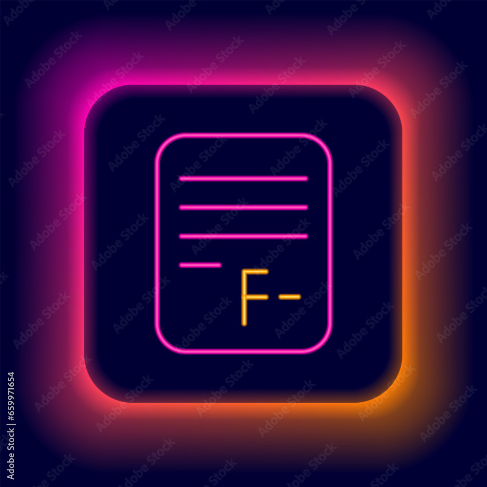 Poster glowing neon line exam paper with incorrect answers survey icon isolated on black background. bad ma