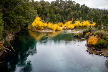 View of the Ruca Malén River that crosses the section of Route 40 that forms the Road of the Seven Lakes, in autumn, in the province of Neuquén, Argentina.