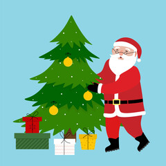 Santa Claus, Christmas tree and gifts box