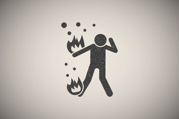 Man, fire, cry icon vector illustration in stamp style