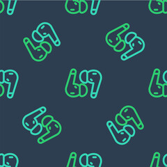 Line Air headphones icon icon isolated seamless pattern on blue background. Holder wireless in case earphones garniture electronic gadget. Vector