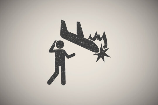 Plane, fire, man icon vector illustration in stamp style