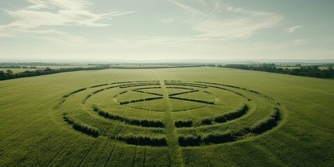 Aerial view of crop circles in a vast green field , concept of Mysterious formations