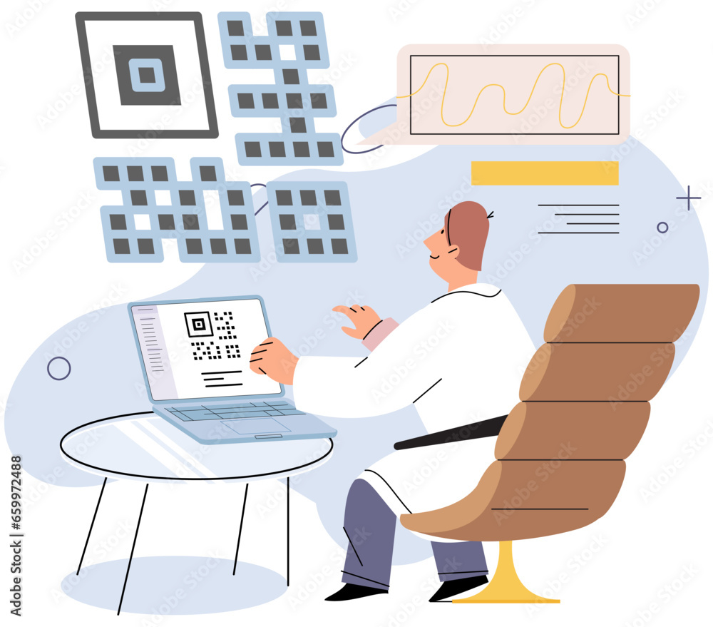 Poster man with laptop analyzing financial data and qr code . identification, workflow, analytics concept. 