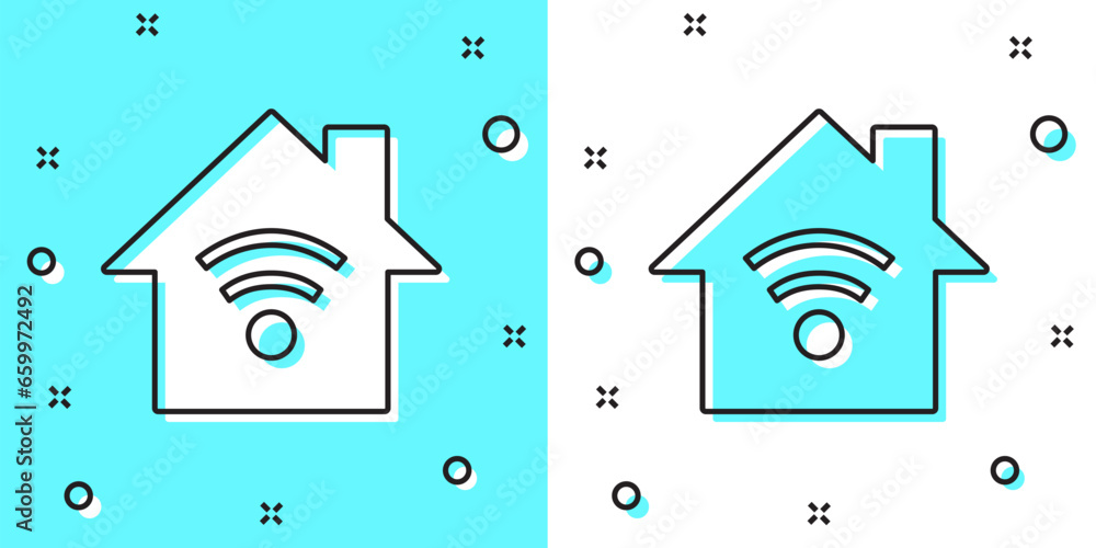 Poster black line smart home with wi-fi icon isolated on green and white background. remote control. random