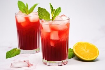 front view of beetroot and carrot juice with a white backdrop
