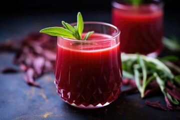 beetroot and carrot juice in a rounded glass with sage leave garnish