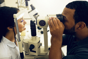 Eye test, machine and a woman with a doctor for a service, vision problem and surgery on lens....