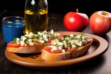 a ceramic dish showcasing fresh bruschetta with apple and gorgonzola beside olive oil bottle