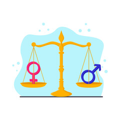 Scales of justice with male and female symbols. Gender equality concept. Vector illustration in flat style
