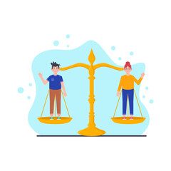 Law and justice concept. Vector illustration in flat design. Man and woman standing on scales.