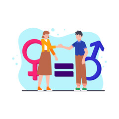 Man and woman shake hands. Male and female characters with question mark. Vector illustration in flat style